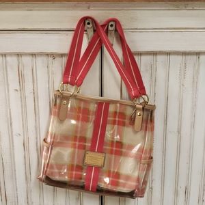 Tommy Hilfiger clear vinyl salmon colored plaid tote with removable liner